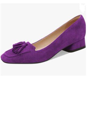 YDN Purple Block Low Heel Loafer Square Toe Tassel Fringe Pump Slip On Shoes